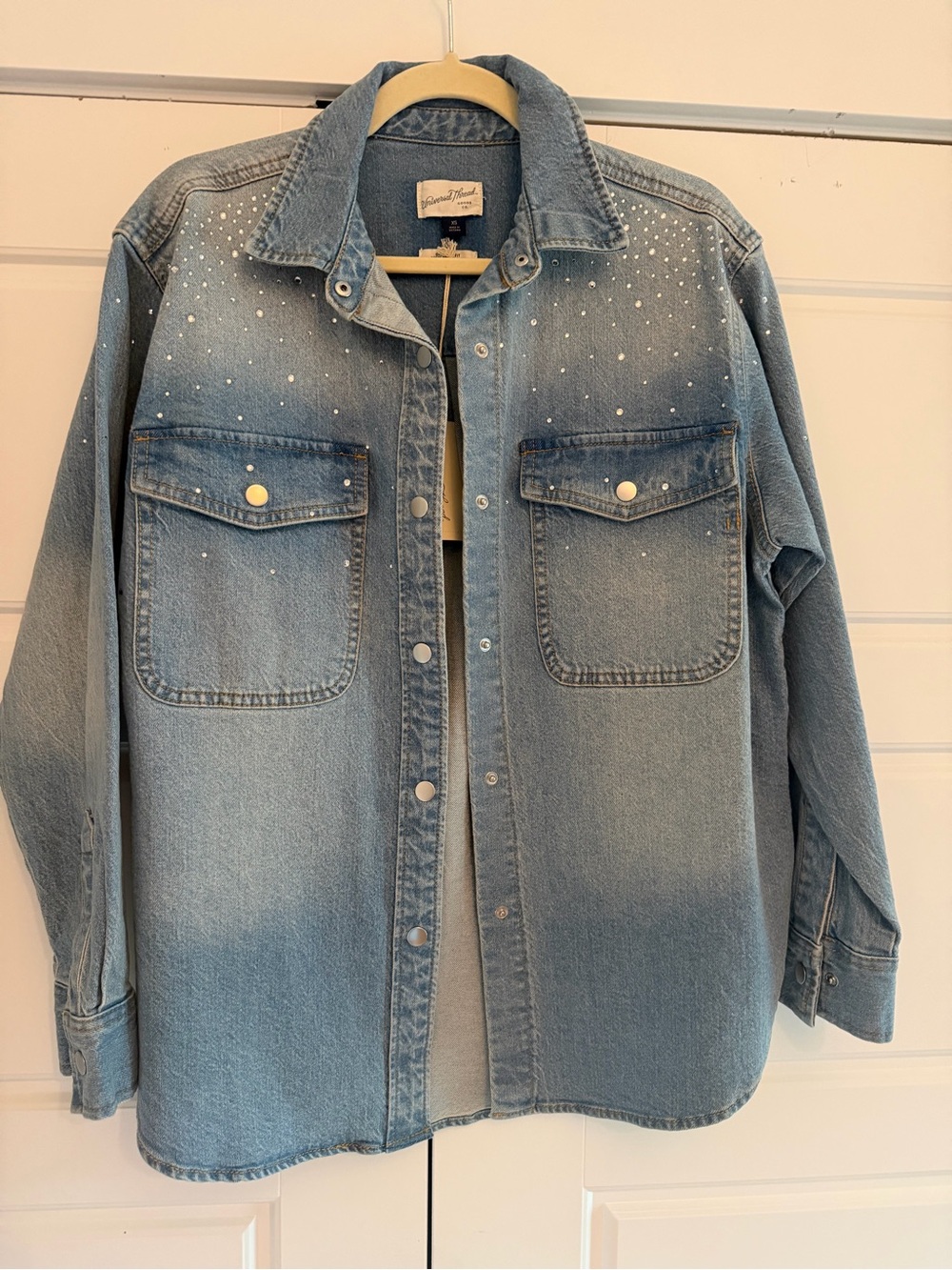 Universal Thread Light Blue Denim Shacket with Rhinestone Detail